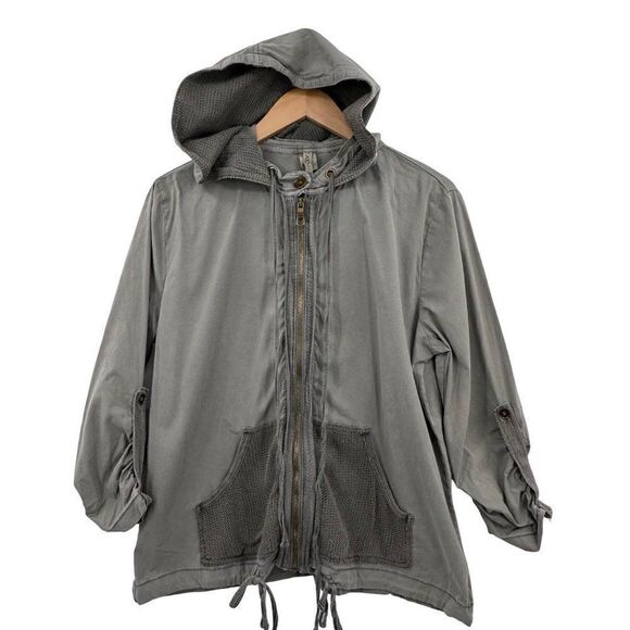 XCVI Utility Windbreaker Jacket Full Zip Womens Large Slate Gray Hood Drawstring - Picture 1 of 12